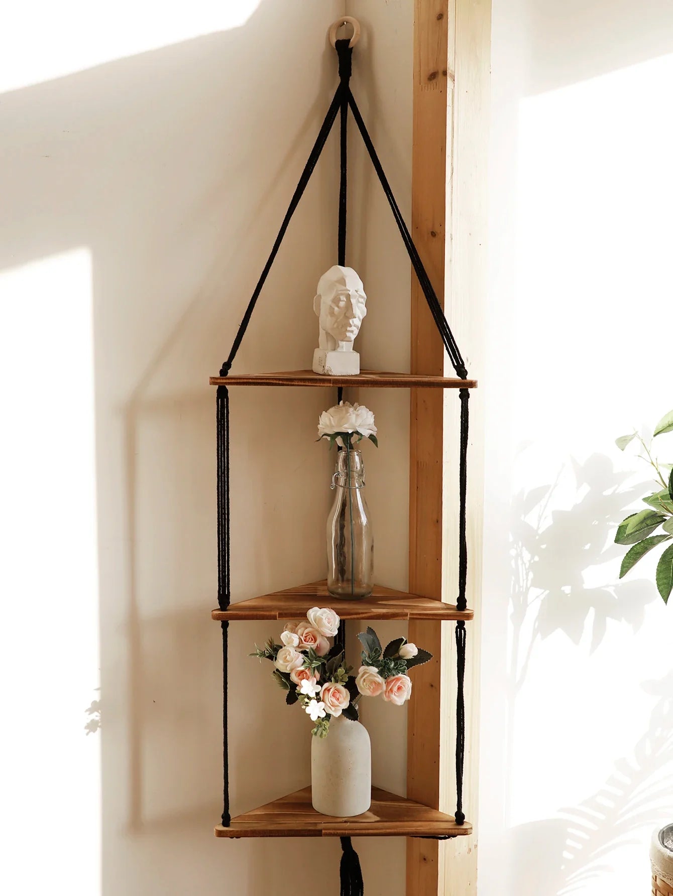1/2/3-tier Floating Wall Shelf Wood Triangle Corner Display Stand Boho Home Decoration Living Room Bedroom Wall Hanging Decor